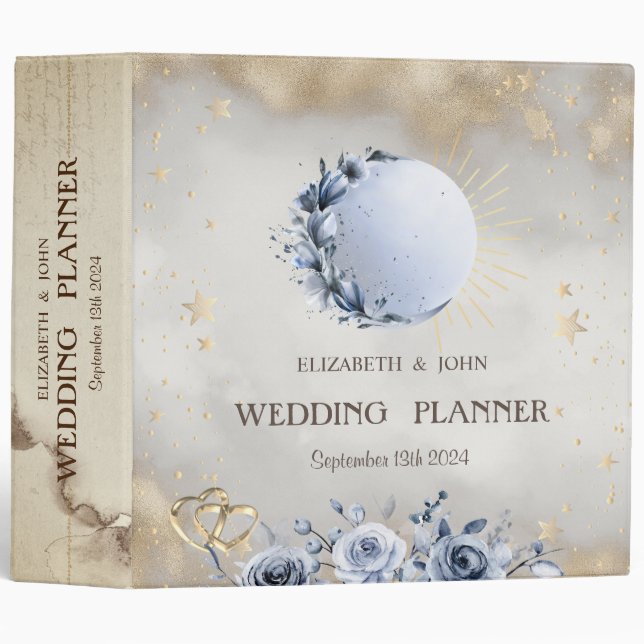Celestial Gold Sun,Blue Moon Roses Gold Stars  3 Ring Binder (Front/Spine)