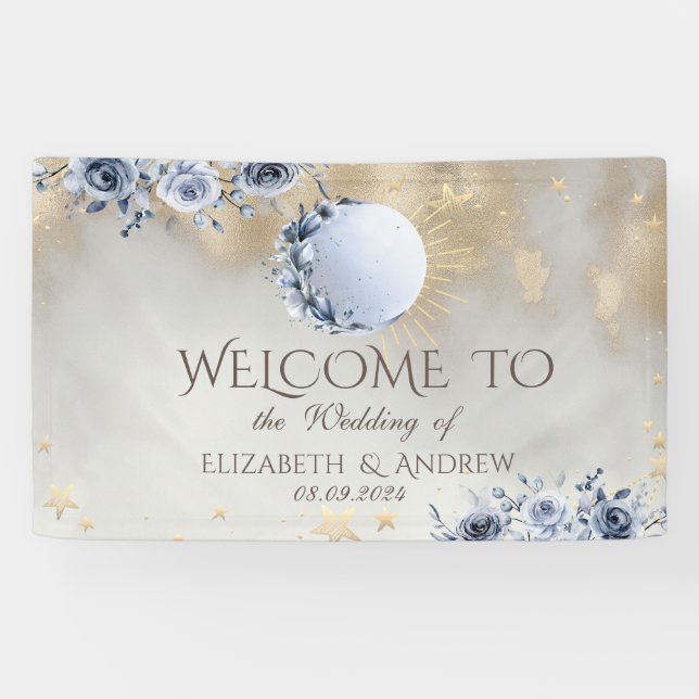 Celestial Gold Sun,Blue Moon Roses Gold Stars  Banner (Horizontal)