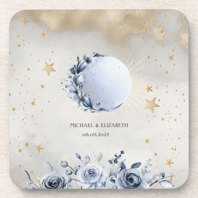 Celestial Gold Sun,Blue Moon Roses Gold Stars  Beverage Coaster (Front)