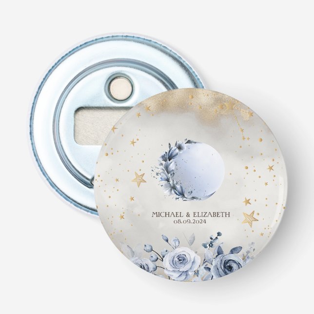 Celestial Gold Sun,Blue Moon Roses Gold Stars  Bottle Opener (Front)