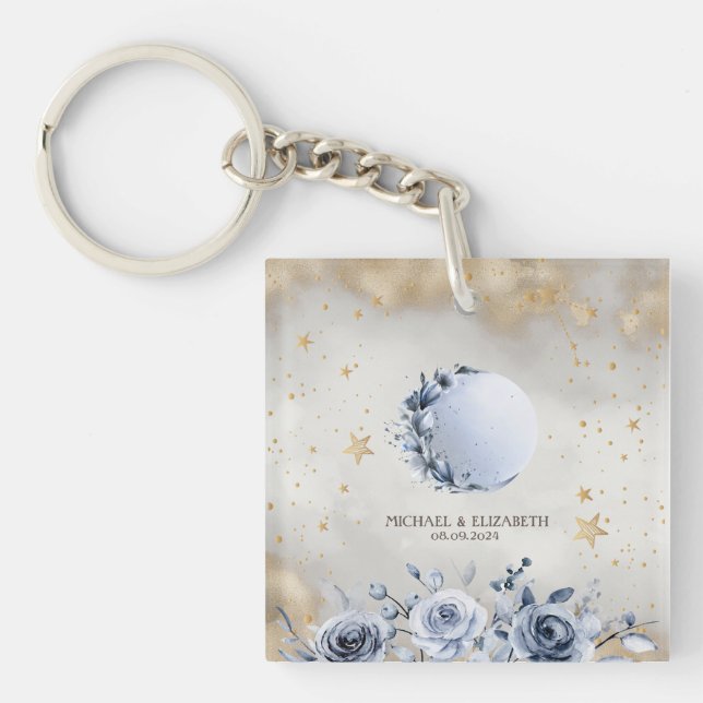 Celestial Gold Sun,Blue Moon Roses Gold Stars  Keychain (Front)