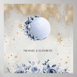 Celestial Gold Sun,Blue Moon Roses Gold Stars Poster