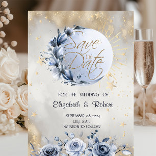 Celestial Gold Sun,Blue Moon Roses Stars  Save The Date