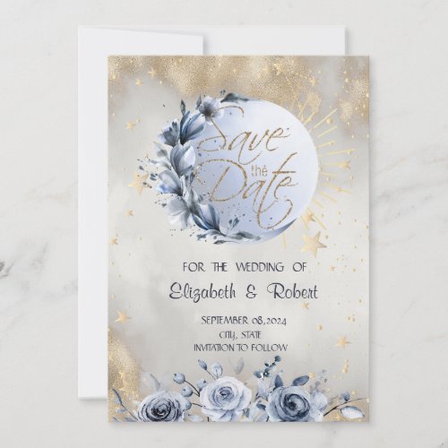 Celestial Gold SunBlue Moon Roses Stars  Save The Date