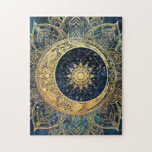 Celestial Gold Sun Mandala Spiritual Stars Galaxy Jigsaw Puzzle