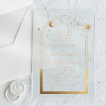 Celestial Gold Sun Moon Astronomy Wedding Acrylic Invitations<br><div class="desc">Celestial Gold Sun Moon Astronomy Wedding Acrylic Invitations features gold sun,  moon and stars with a golden frame on an opaque acrylic background. Inside is your custom wedding invitation information. Personalize by editing the text in the text boxes. Designed for you by Evco Studio www.zazzle.com/store/evcostudio</div>