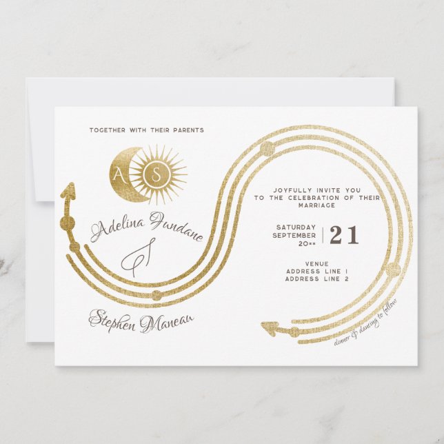 Celestial Gold Sun & Moon Monogram Crest QR Code Invitation (Front)