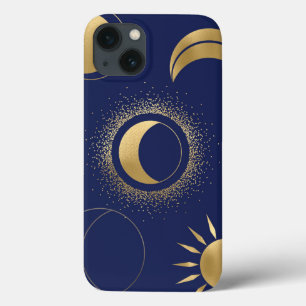 Celestial gold sun moon phases eclipse purple blue iPhone 13 case