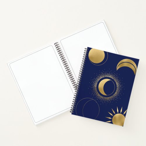 Celestial gold sun moon phases eclipse purple blue notebook