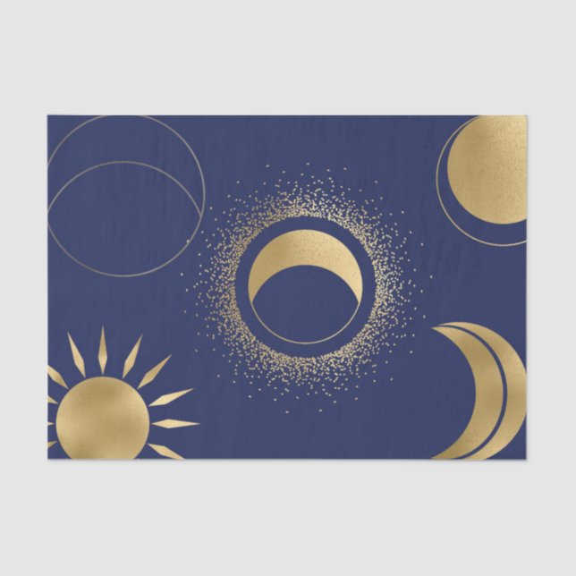 Celestial gold sun moon phases eclipse purple blue tissue paper (Front)