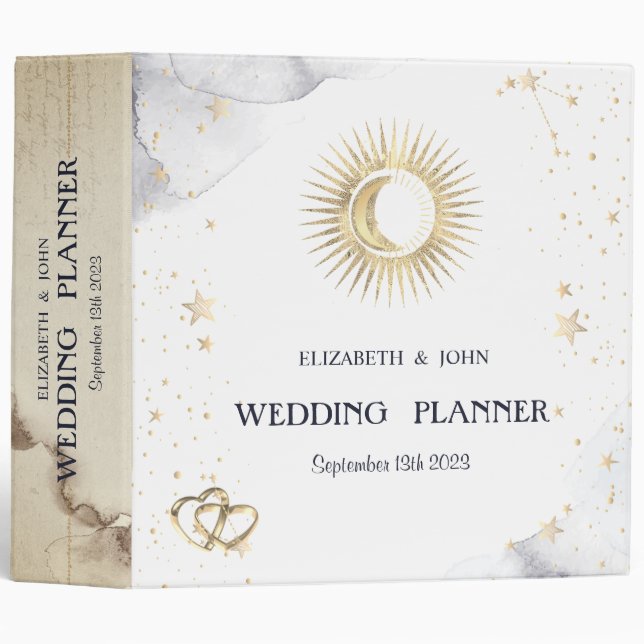 Celestial Gold Sun,Moon,Stars  3 Ring Binder (Front/Spine)