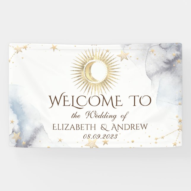 Celestial Gold Sun,Moon,Stars  Banner (Horizontal)