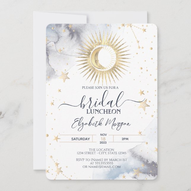 Celestial Gold Sun,Moon,Stars Bridal Luncheon Invitation (Front)