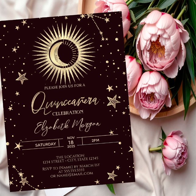 Celestial Gold Sun Moon Stars Dark Quinceanera Invitation (Creator Uploaded)