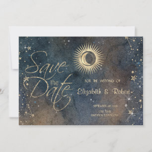 Celestial Gold Sun,Moon,Stars Dark Watercolor Save The Date