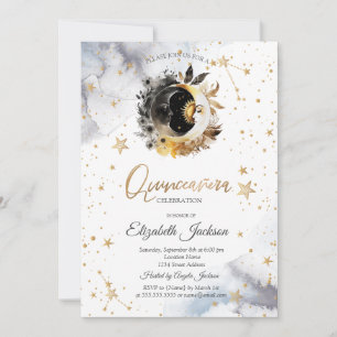 Celestial Gold Sun,Moon,Stars Flower Quinceanera Invitation