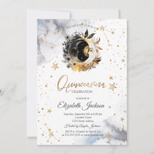 Celestial Gold SunMoonStars Flower Quinceanera Invitation