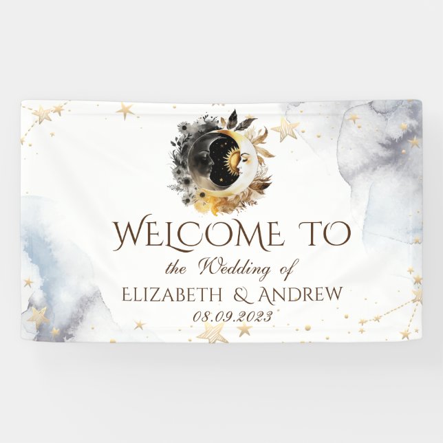 Celestial Gold Sun,Moon,Stars Flowers Banner (Horizontal)
