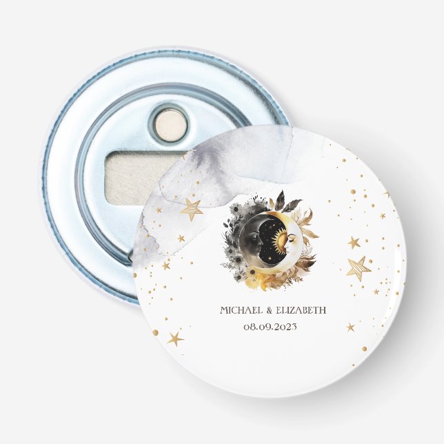 Celestial Gold Sun,Moon,Stars Flowers Bottle Opener (Front)