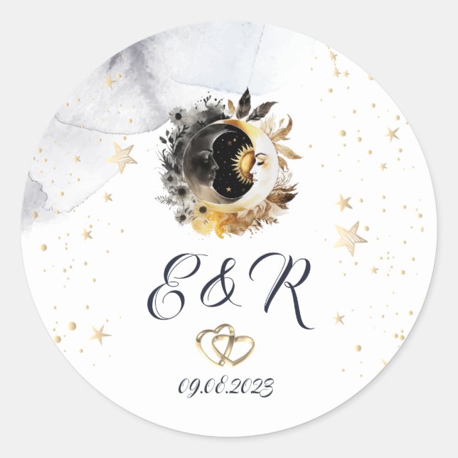 Celestial Gold Sun,Moon,Stars Flowers Classic Round Sticker (Front)