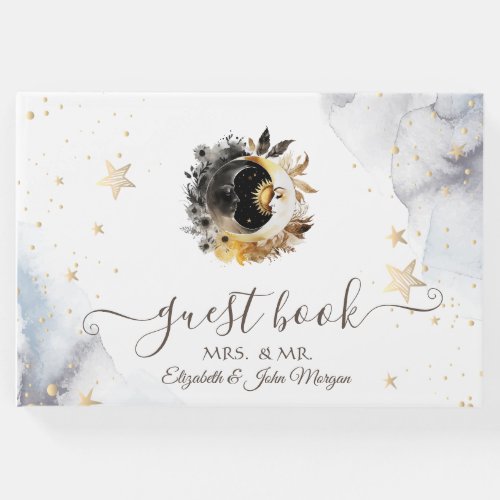 Celestial Gold SunMoonStars Flowers Guest Book