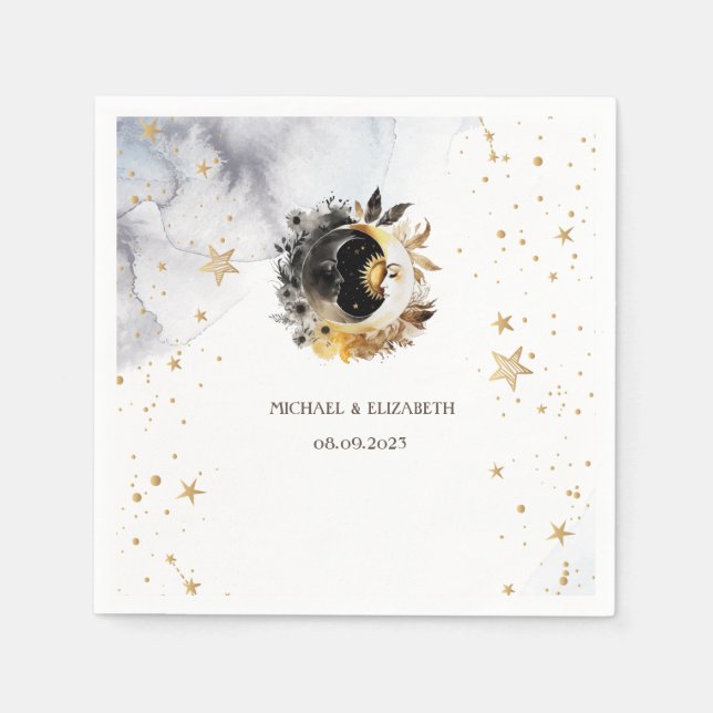 Celestial Gold Sun,Moon,Stars Flowers Napkins (Front)