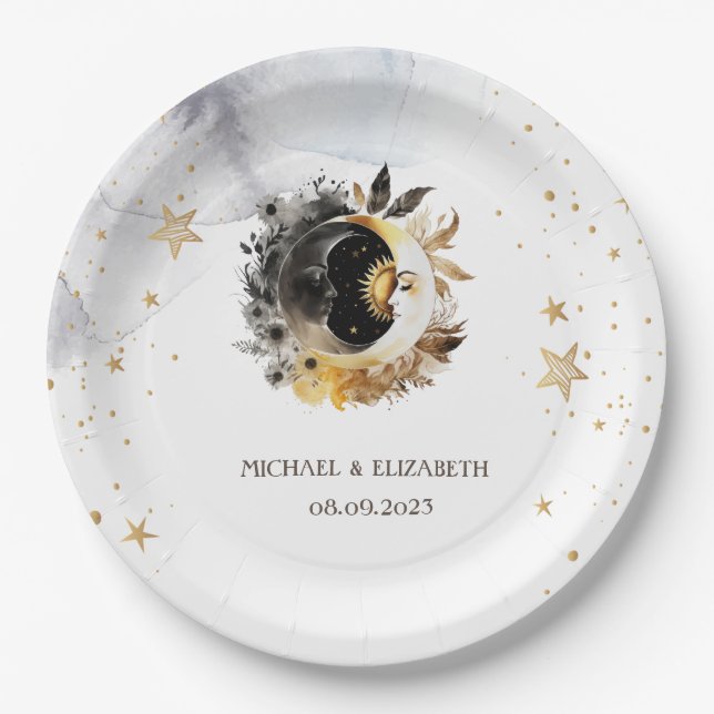 Celestial Gold Sun,Moon,Stars Flowers Paper Plates (Front)