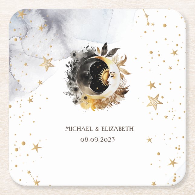 Celestial Gold Sun,Moon,Stars Flowers Square Paper Coaster (Front)
