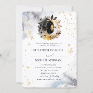 Celestial Gold Sun,Moon,Stars Flowers Wedding Invitation