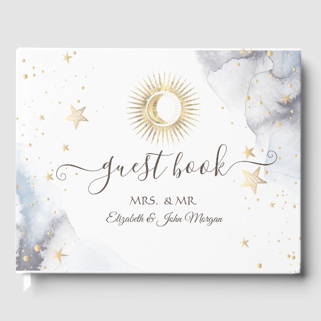 Celestial Gold Sun,Moon,Stars  Guest Book (Front)