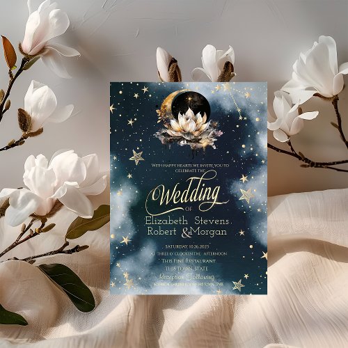 Celestial Gold SunMoonStars Lotus Night Sky Invitation