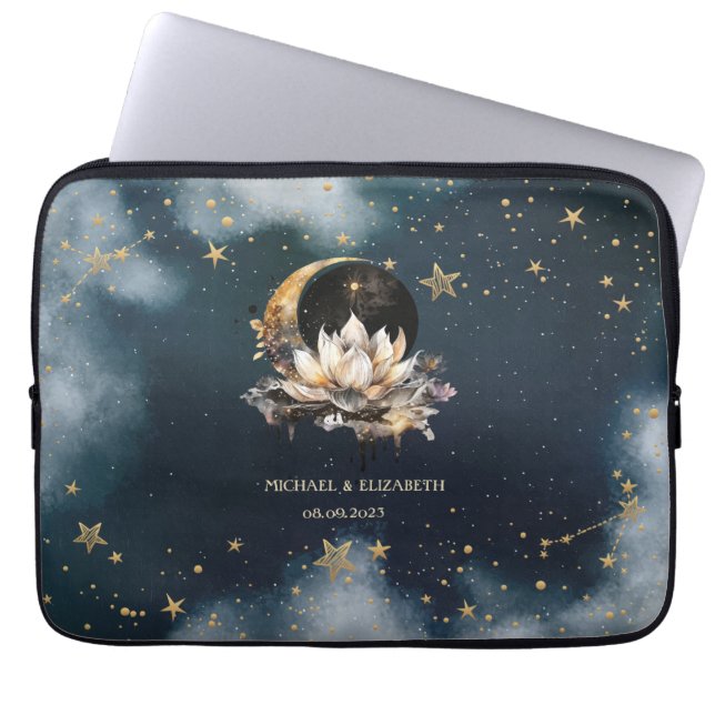 Celestial Gold Sun,Moon,Stars Lotus Night Sky Laptop Sleeve (Front)