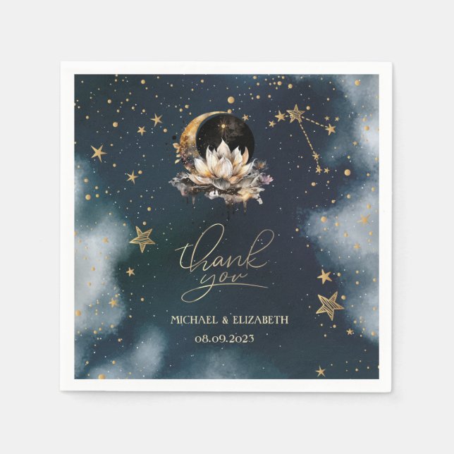 Celestial Gold Sun,Moon,Stars Lotus Night Sky  Napkins (Front)