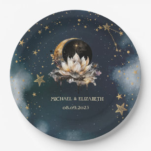 Celestial Gold Sun,Moon,Stars Lotus Night Sky Paper Plates