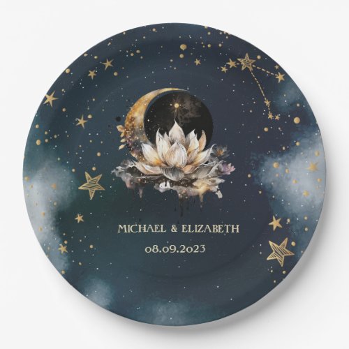 Celestial Gold SunMoonStars Lotus Night Sky  Paper Plates