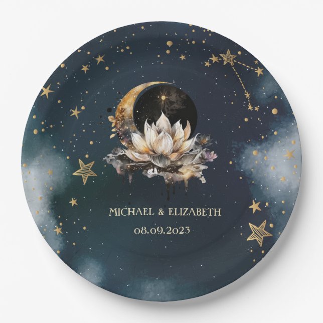 Celestial Gold Sun,Moon,Stars Lotus Night Sky  Paper Plates (Front)