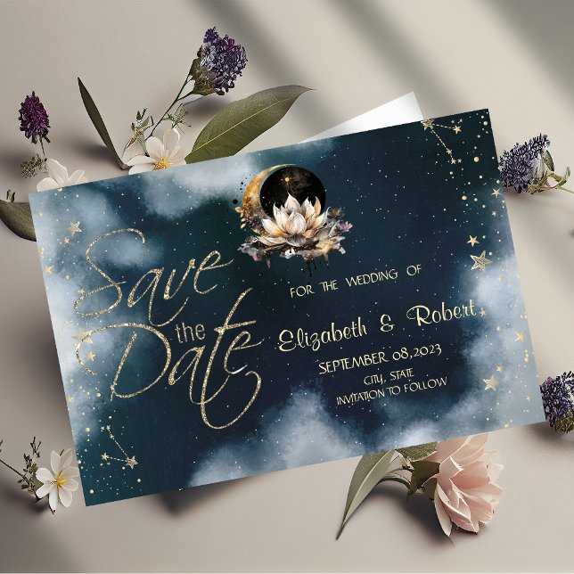 Celestial Gold Sun,Moon,Stars Lotus Night Sky Save The Date (Creator Uploaded)