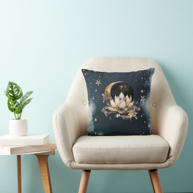 Celestial Gold Sun,Moon,Stars Lotus Night Sky Throw Pillow (Chair)