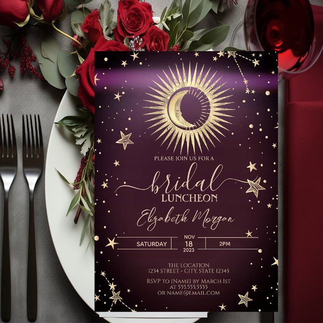 Celestial Gold Sun Moon Stars Luncheon Burgundy Invitation (Creator Uploaded)