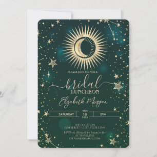 Celestial Gold Sun Moon Stars Luncheon Green Invitation