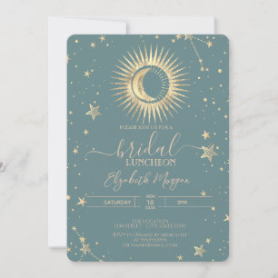 Celestial Gold Sun Moon Stars Luncheon Mint Green Invitation