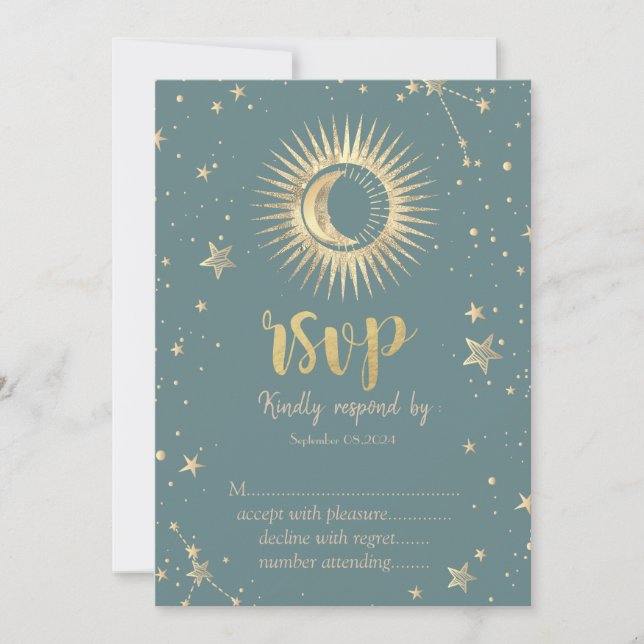 Celestial Gold Sun Moon Stars Mint Green RSVP   Invitation (Front)