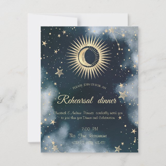 Celestial Gold Sun,Moon,Stars Night Sky Invitation (Front)