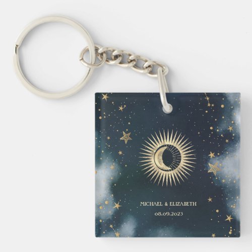 Celestial Gold SunMoonStars Night Sky  Keychain