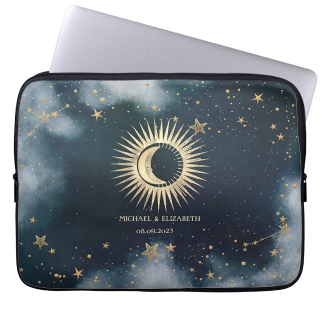 Celestial Gold Sun,Moon,Stars Night Sky Laptop Sleeve (Front)