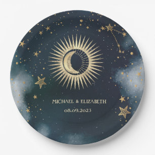 Celestial Gold Sun,Moon,Stars Night Sky  Paper Plates
