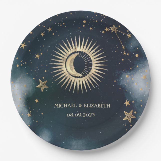 Celestial Gold Sun,Moon,Stars Night Sky  Paper Plates (Front)