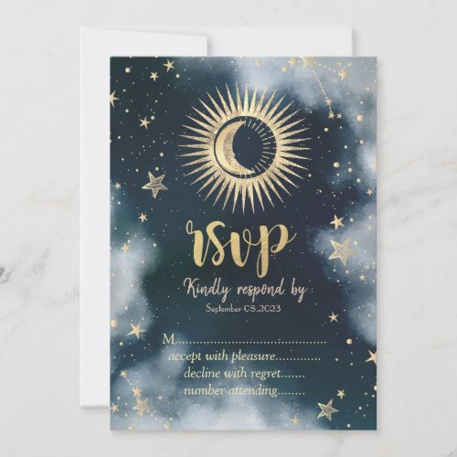 Celestial Gold SunMoonStars Night Sky RSVP   Invitation