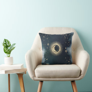 Celestial Gold Sun,Moon,Stars Night Sky Throw Pillow