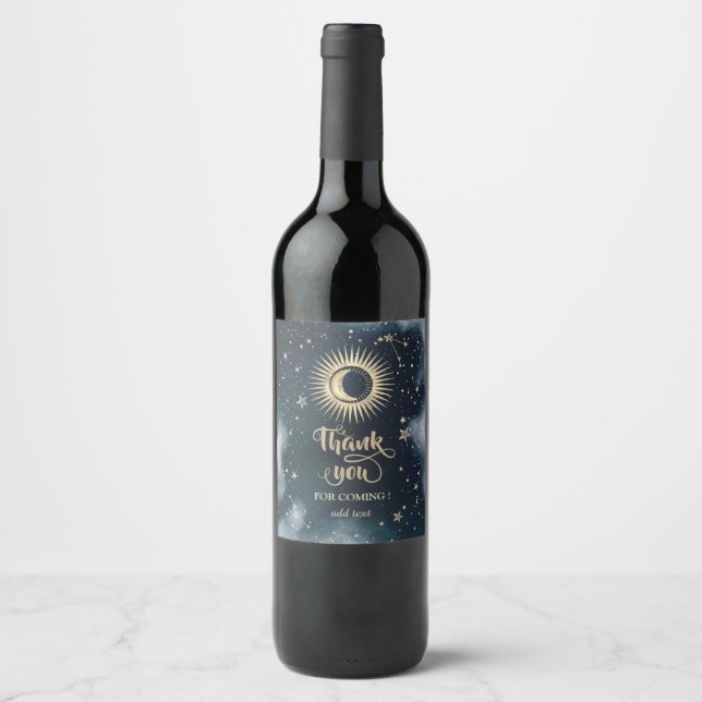 Celestial Gold Sun,Moon,Stars Night Sky  Wine Label (Front)